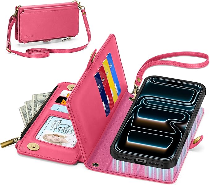 TUCCH Detachable Crossbody Case Wallet for iPhone 17 Pro Max 6.9", Wireless Charging | RFID Blocking 10 Card Holder | Lanyard Wrist Strap | Stand | Zipper Pocket | PU Leather Magnetic Cover | Hot Pink