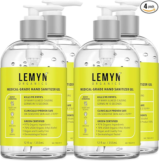 Medical Grade Hand Sanitizer Gel - 97% ORGANIC - 12 FL.OZ. (PACK OF 4)