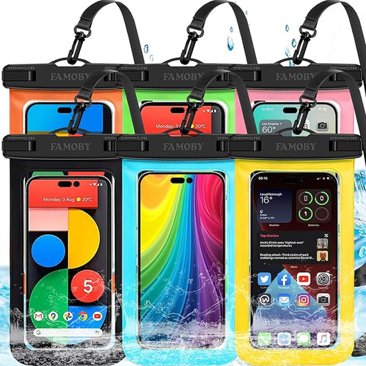 Up to 8.7" 6 Pack Multicolor Waterproof Phone Pouch, Large Phone Waterproof Case Dry Bag, Protection Level: IP68, Outdoor for Apple iPhone,Samsung,and More, Black,Blue,Pink,Orange,Yellow,Green