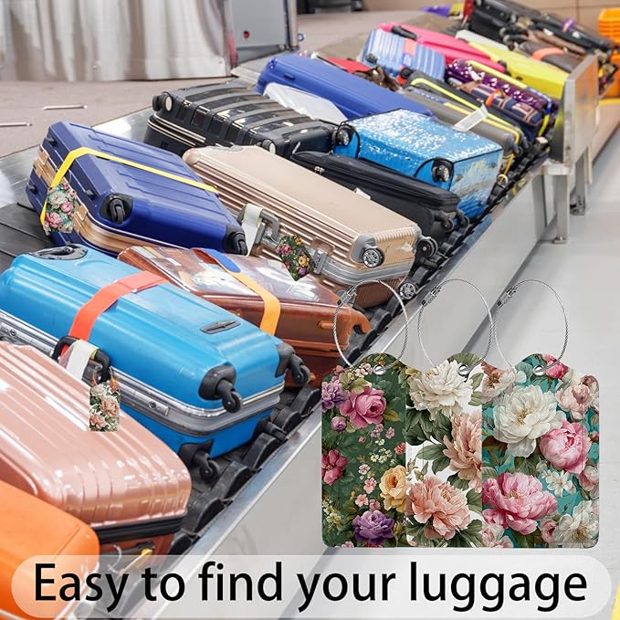 Vintage Beautiful Floral 3 Pack Luggage Tags, PU Leather Luggage Tags for Suitcase,Name ID Labels with Privacy Cover Suitcases and Metal Loop for Travel Bag Suitcase