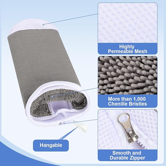 Shoe Washing Machine Bags, 2 PCS Reusable Grey+White Chenille Laundry Bags for Washing Machine, 360 Wrap-Around Clean Shoe Laundry Bags with Hidden Zipper