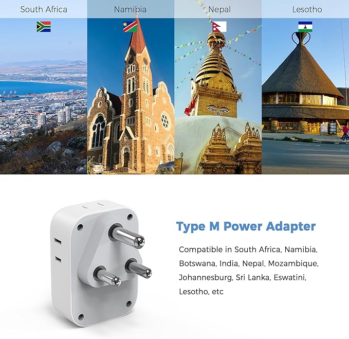 TESSAN South Africa Power Adapter, Type M Plug Adaptor with 4 American Outlets 3 USB Charger (1 USB C Port) for US to Bhutan Botswana Namibia Nepal