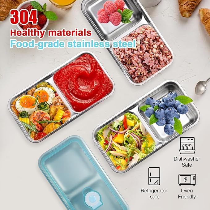 1PCS Stainless Steel Double-Layer Snack Container with Lid Leak-proof design, dishwasher safe Ideal for snacks, dips, takeout, travel, and outdoor camping (2 Compartment)