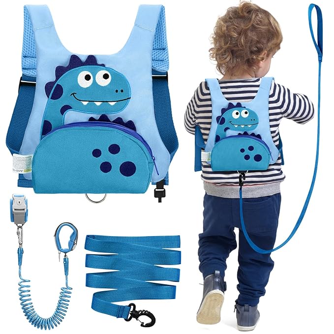3 in 1 Toddler Harness Leash + 8.2ft Anti Lost Wrist Link, Cute Dinosaur Kids Safety Harness with Key Lock, Child Walking Harness Assistant Strap for Outdoor Activity Travel