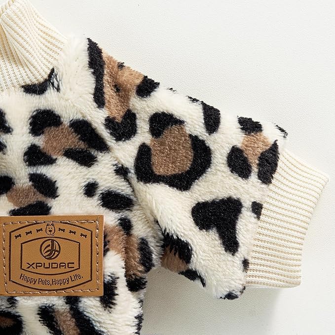 XPUDAC Fleece Dog Pajamas Leopard Dog Sweaters Winter Puppy Clothes for Small Medium Dogs Boy Girl Pet Jumpsuits Doggie Outfits for Christmas, M