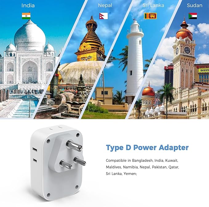 India Plug Adapter 2 Pack, TESSAN Type D Travel Adapter with 4 Outlets 3 USB Charger (1 USB C Port), US to Indian Outlet Adaptor for USA to Bangladesh, India, Kuwait, Maldives