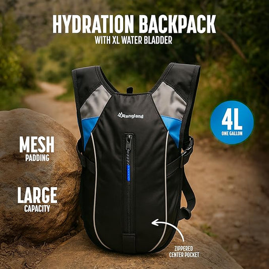 Hiking Backpack with XL Water Bladder (4L, 135oz) Wide-Mouth Hydration Bag with Leakproof Bite-Valve, Easy-Fill Ice Opening, Ergonomic Padded Comfort (Extra Large 1+ Gallon Capacity)