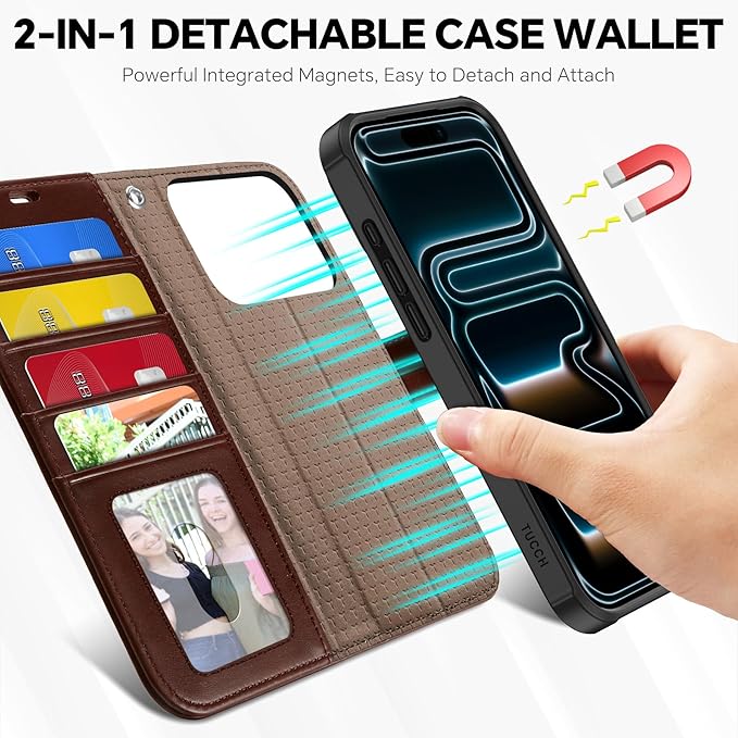 TUCCH 2-in-1 Detachable Wallet Case for iPhone 17 Pro (6.3-inch) 2025, Wireless Charging | RFID Blocking 4 Card Holders | Wrist Strap | Kickstand | Magnetic | PU Leather Folio Cover | Chocolate Brown