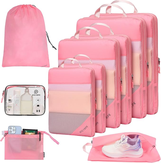 Lightweight Compression Packing Cubes for Suitcases, Compressible Expandable Travel Packing Organizer with Clear Toiletries and Backpack Bag, Travel Essentials for Carry on Luggage 7 Set