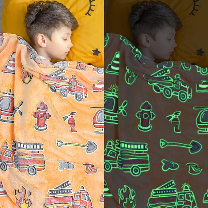 Glow in The Dark Blanket Toy Fire Trucks Blankets for Toddler Boys Gifts Cars Throw Blanket Firetruck Birthday Gifts for Kids