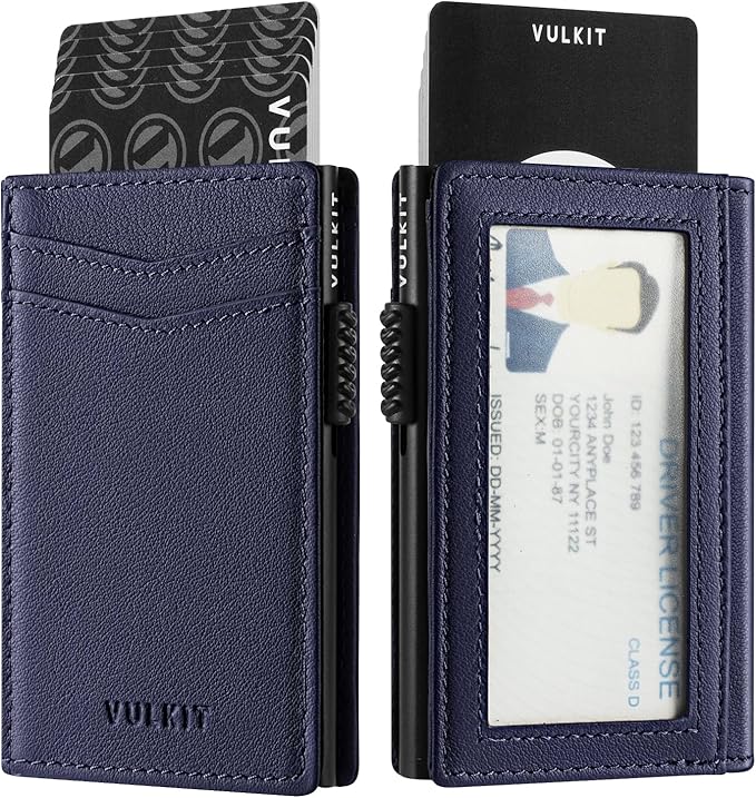 VULKIT Men's Wallet with ID Window Top Grain Leather RFID Blocking Minimalist Wallet Pop Up Card Holder Magnetic Closure