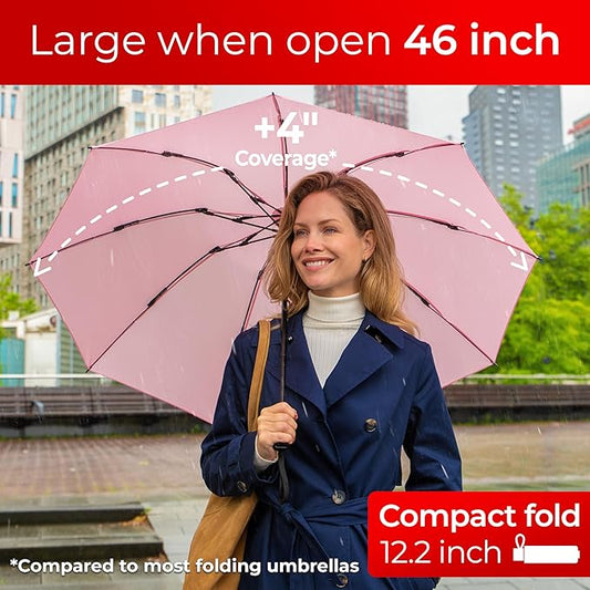 TUMELLA Flip-proof Inverted Travel Umbrella, Small Strong but Light Portable and Automatic Reverse Folding Rain Umbrella, Durable Premium Grip, Fits Car & Backpack