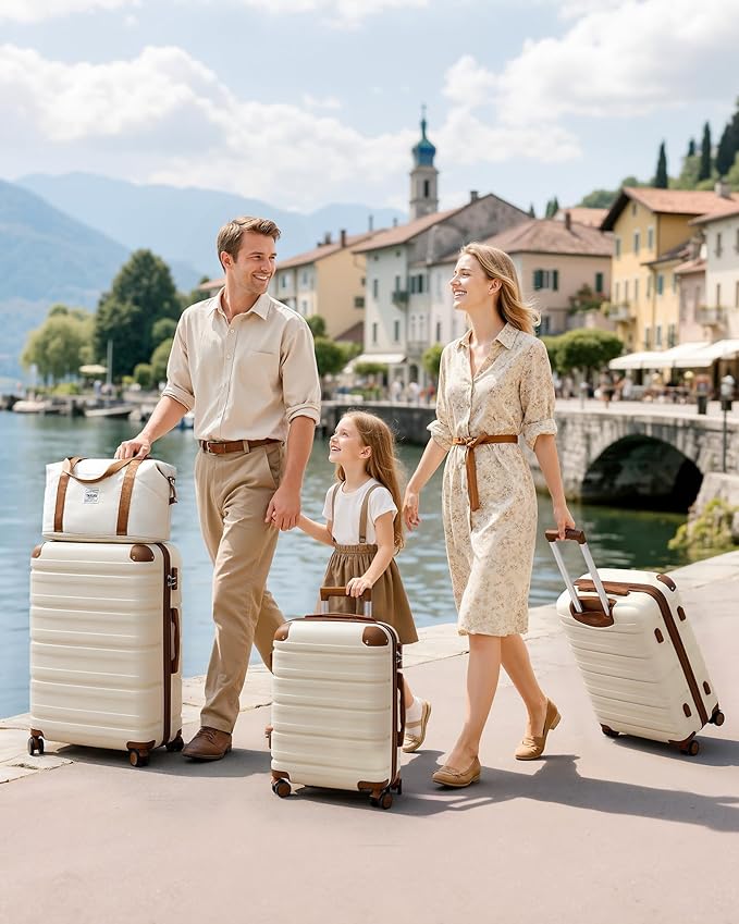 TAKUMI Luggage Sets 5 Piece Lightweight Carry On luggage with Duffel Bag ABS+PC Hardshell Suitcases with YKK zippers Double Spinner Wheels Travel Luggage with TSA Lock(WHITE BROWN, 5 PIECE SET)