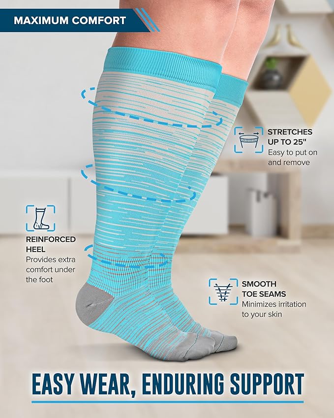 Doctor's Select 3 Pairs Plus Size Compression Socks Wide Calf - Up to 6XL | 20-30 mmHg Compression Socks for Women Wide Calf | Circulation Support | Blue, Light Blue, Purple & Pink (Stripes)