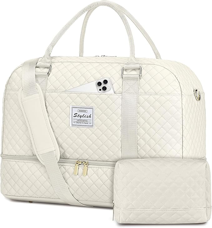 Weekender Bags for Women Travel Bag - Duffle Bag with Shoe Compartment Carry on Overnight Bag for Women Hospital Bags for Labor and Delivery 2Pcs Set Beige Brown