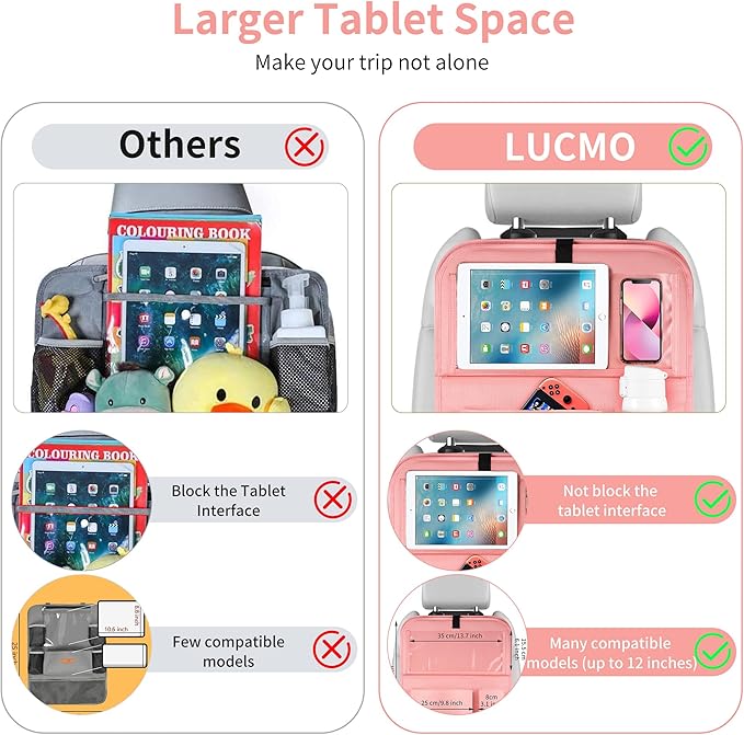 LUCMO Car Backseat Organizer with Tablet Holder,6 Storage Pockets Car Storage Organizer with Foldable Food Tray,Seat Protectors Kick Mats Travel Accessories-Pink