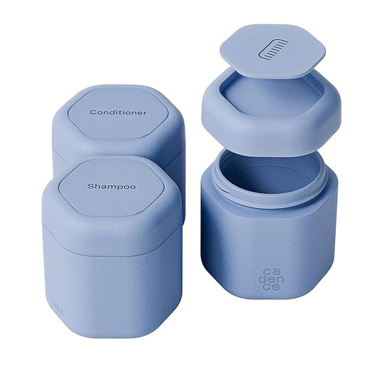 Cadence Travel Containers Haircare Capsule Set - Magnetic Containers with Lids,Carry On Travel Essentials For Women/Men - 3 Flex Mediums (1.32oz) - Shampoo, Conditioner & Comb Icon Labels - Pacific