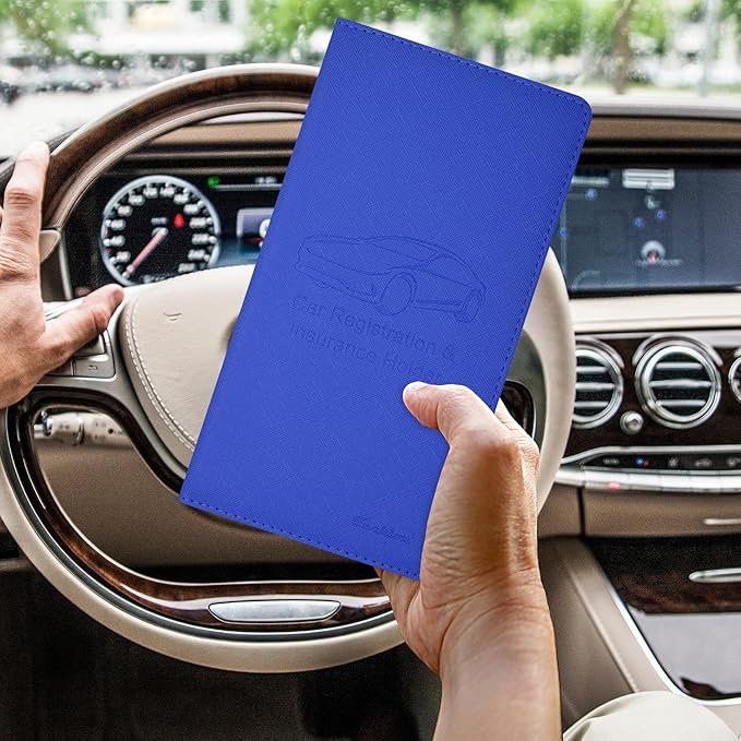 Car Insurance and Registration Holder, 9.5 x 5 Inch PU Leather Vehicle Glove Box Organizer Wallet Case for Insurance Card, Driver License, Paperwork - Blue