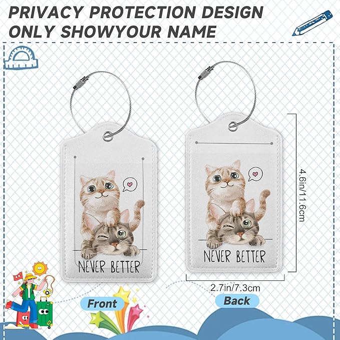 Cute Cat Luggage Tags for Suitcases,2 Pack,Never Better Luggage Tag,Leather Stainless Steel Loop Label Tag for Women Men Girls Travel Bag Suitcase