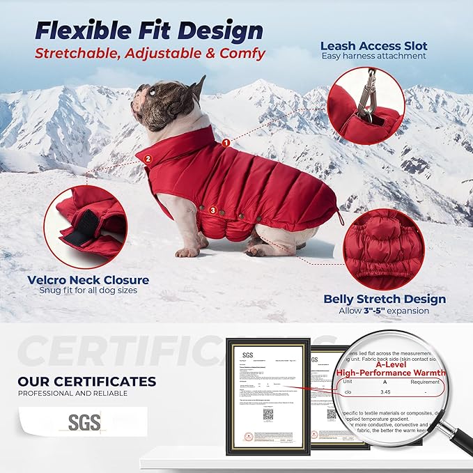 SPACE LION Dog Puffer Jacket, Down Winter Coat, Durable Outdoor Coat for Cold and Windy Conditions, Lightweight & Adjustable Fit Coats for Small Dogs, (Red, Size10/S)