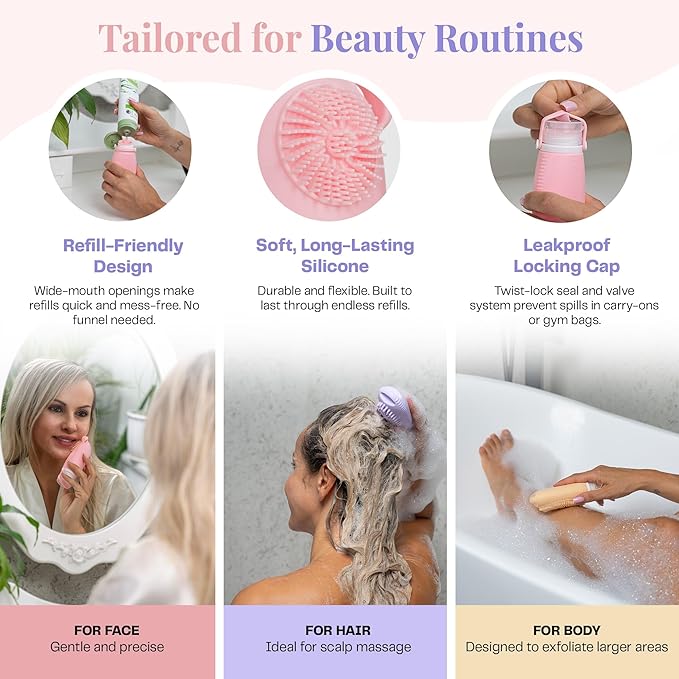 Sumina Premium Silicone Travel Bottles 3-Pack (3.4oz) | TSA Approved Leakproof Toiletry Containers | Refillable Shower Bottles & Gentle Exfoliating Scrubber for Sensitive Skin