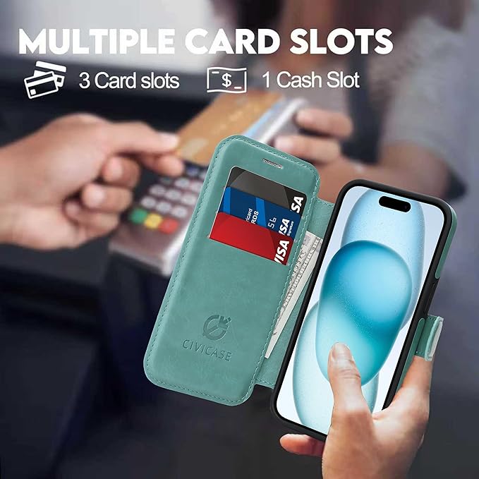 CIVICASE for iPhone 14 Pro Wallet Case with Stand,PU Leather Flip Credit Card Holder Slots (RFID Blocking),Compatible with Magsafe Magnetic Holder Phone Cover Women Men,Green