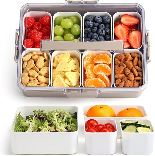 Snackle Box Container for Adults, 11 in 1 Divided Serving Tray Snack Box Containers with Stackable Compartment and Handle, Customizable Charcuterie Boxes Portable Snack Platter for Party Travel, Brown