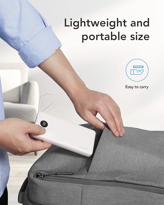 VRURC Portable Charger Power Bank, 10000mAh Travel Essentials Battery Pack, 5 Outputs 2 Inputs Slim Charing Bank Built-in Cables Cords Wires Compatible with iPhone,Samsung,Android-White(1 Pack)