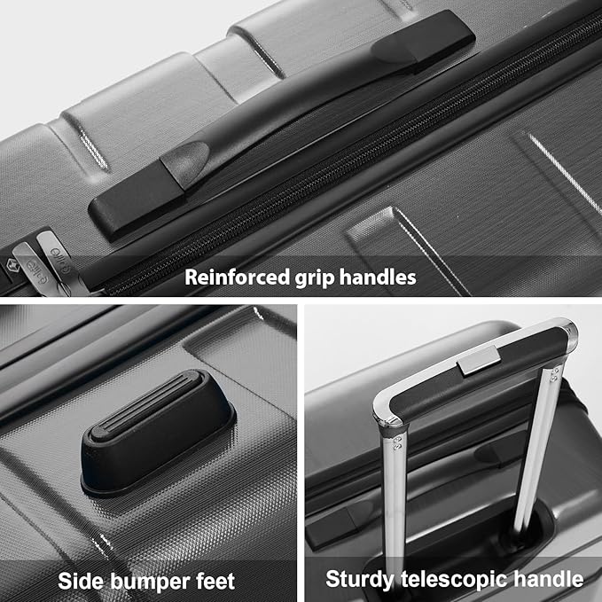 Coolife Luggage PC+ABS Hardshell Suitcase with TSA Lock, Spinner Checked Lightweight (Charcoal, 24in)