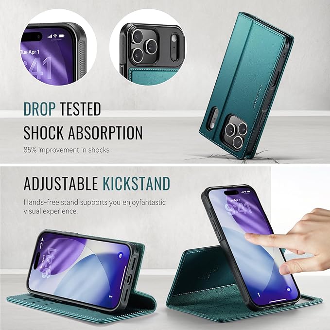 PlusnapX Wallet Case for iPhone 17 Pro Compatible with Magsafe, 2-in-1 PU Leather Flip RFID Blocking Card Holder Stand Shockproof Magnetic Detachable Cover for iPhone 17 Pro Case 6.3", Bluegreen