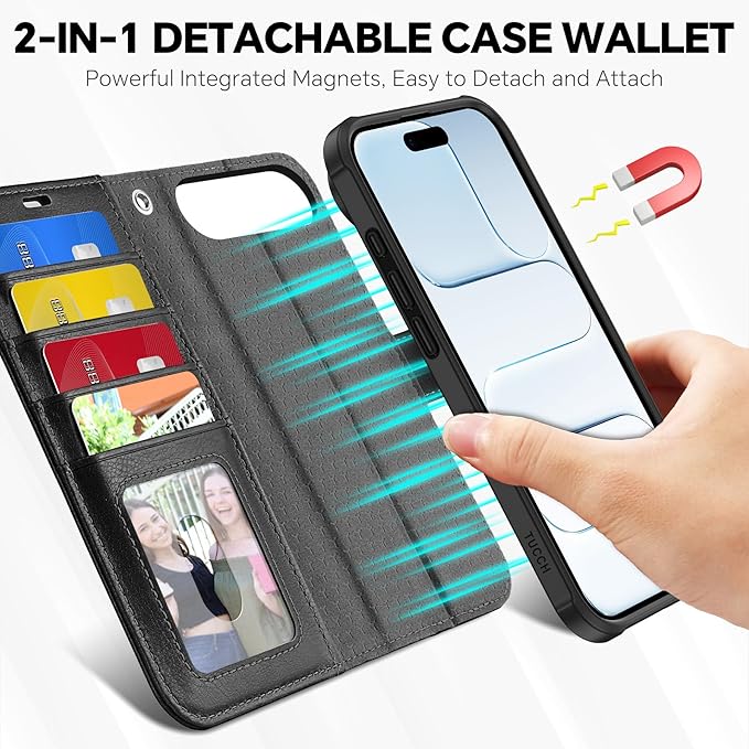 TUCCH Detachable Case Wallet for iPhone Air (6.5") 2025, Removable Wrist Strap, Wireless Charging, Stand, 4 Card Slots RFID Blocking, 2-in-1 Magnetic, PU Leather, Protective Cover, Textured Black