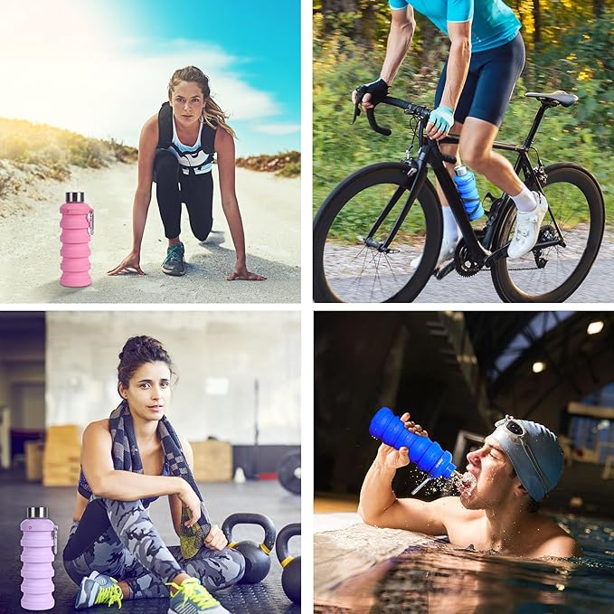 JaneJu Collapsible Water Bottle, 17oz BPA Free Silicone Reusable Portable Lightweight Foldable Water Bottles with Carabiner, Portable Leak Proof Sports Water Bottle (Pink)