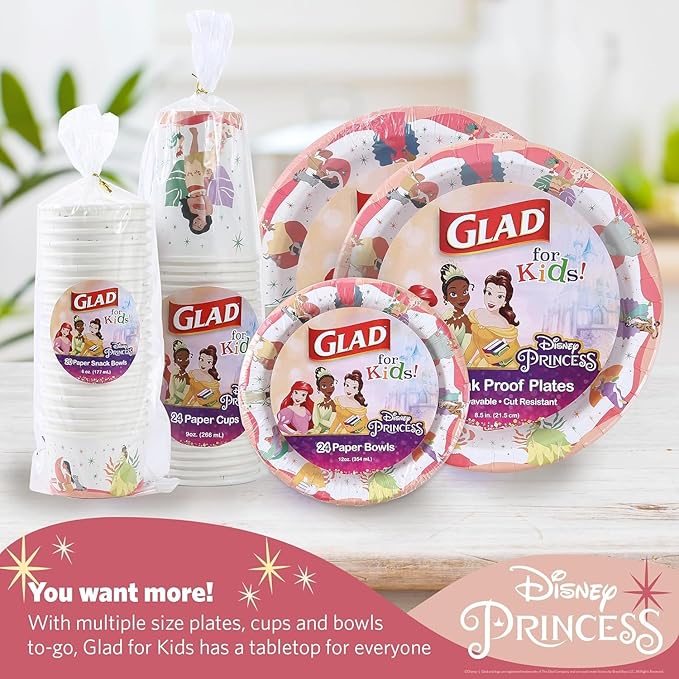Glad for Kids Disney Princess Paper Snack Bowls with Lids, “Magic is in All of US” - Heavy Duty, Microwavable, Disposable Snack Cups with Lid for Soup or Ice Cream, 12 Ounce, 20 Count - 10 Pack