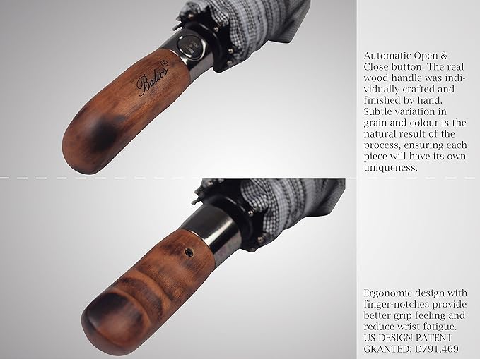 Balios Prestige Travel Folding Umbrella, Handmade Wood Handle, Auto Open & Close