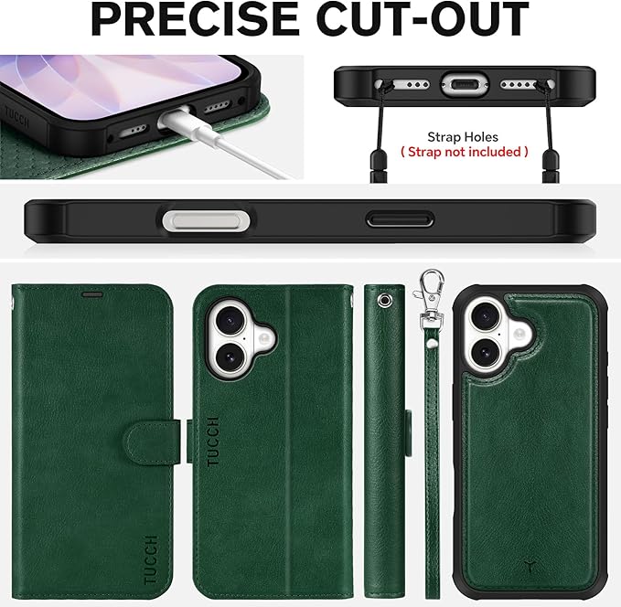 TUCCH 2-in-1 Removable Wallet Case for iPhone 17 (6.3-inch) 2025, Wireless Charging | RFID Blocking 4 Card Holder | Wrist Strap | Kickstand | Magnetic | PU Leather | Protective Flip Cover | Dark Green