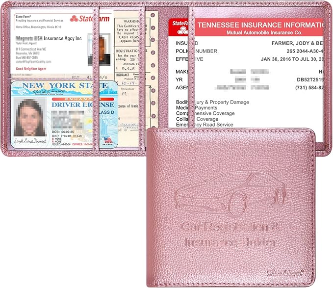 Car Insurance and Registration Holder, 5.5 x 5 Inch PU Leather Vehicle Glove Box Organizer Wallet Case for Insurance Card, Driver License, Paperwork - Rose Gold