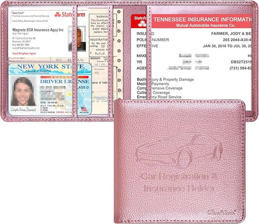 Car Insurance and Registration Holder, 5.5 x 5 Inch PU Leather Vehicle Glove Box Organizer Wallet Case for Insurance Card, Driver License, Paperwork - Rose Gold