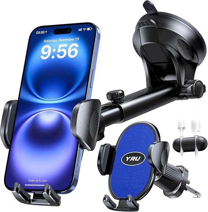 YRU [2025 Upgraded Universal Car Phone Holder Mount【360°Rotatable & Strong Suction】 Cell Phone Car Dashboard Windshield Phone Holder Dash Vent Stand for iPhone 17 16 Pro Max Samsung Truck, Light Blue