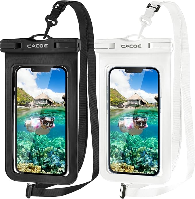 CACOE [Not Floatable] Universal Waterproof Phone case 2 Pack-Up to 7.2",Waterproof Phone Pouch with Adjustable Neck Lanyard,IPX8 Cellphone Dry Bags for Vacation Beach（Black+White）