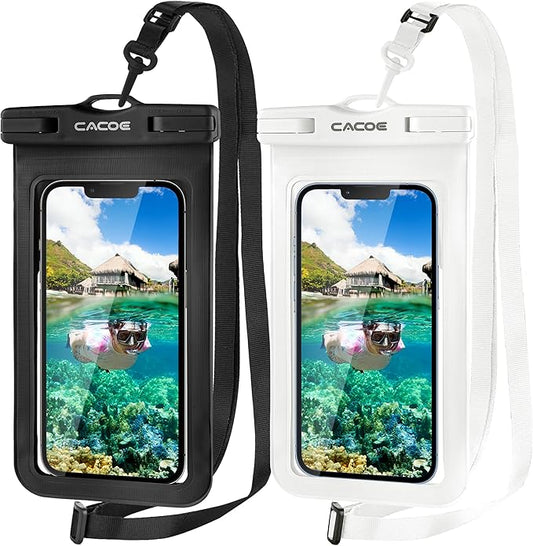 CACOE [Not Floatable] Universal Waterproof Phone case 2 Pack-Up to 7.2",Waterproof Phone Pouch with Adjustable Neck Lanyard,IPX8 Cellphone Dry Bags for Vacation Beach（Black+White）