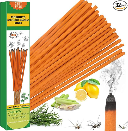 32 Pieces Mosquito Repellent Incense Sticks - DEET-Free Bug Repellent with Citronella & Lemongrass Oils - Natural Outdoor Insect Repellent for Patio, Camping, Travel - 2+ Hours Burn Time Each