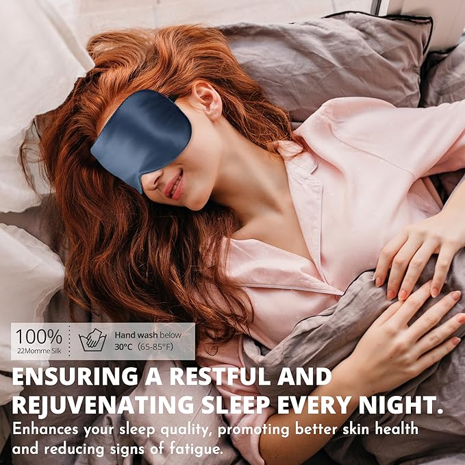 Silk Sleep Mask 100% 22 Momme Mulberry, Sleep Eye Mask for Women Men, Blackout Blindfold with Adjustable Strap, Side Sleeper Eye Cover, Soft Eyeshade Filled with Premium Mulberry Silk (Blue)