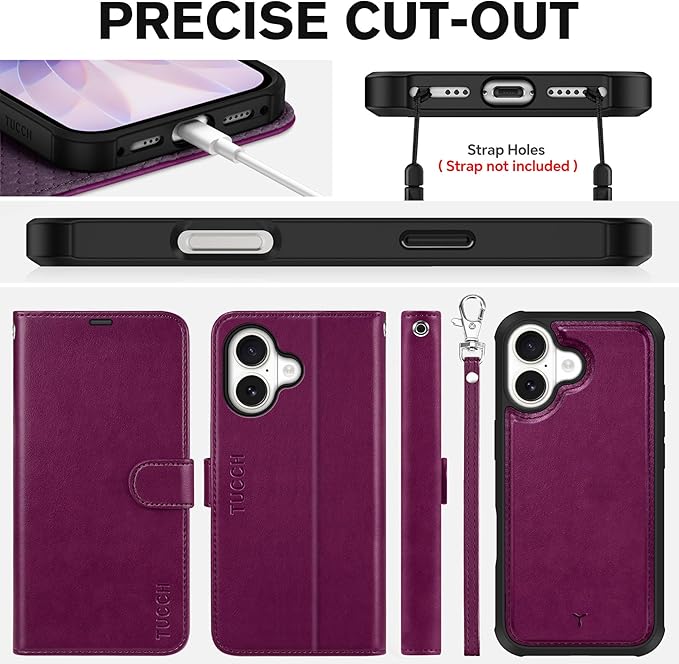 TUCCH Detachable Case Wallet for iPhone 17 (6.3") 2025, Wrist Strap | 4 Card Slots RFID Blocking | Wireless Charging | Stand | 2-in-1 Magnetic | PU Leather | Shockproof Folio Cover | Plum Purple