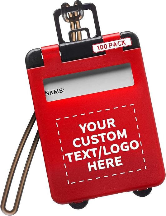 100 Mini Carry-on Luggage Tags Pack - Customizable Text, Logo - Flip Open Cover, ID Sticker - Red