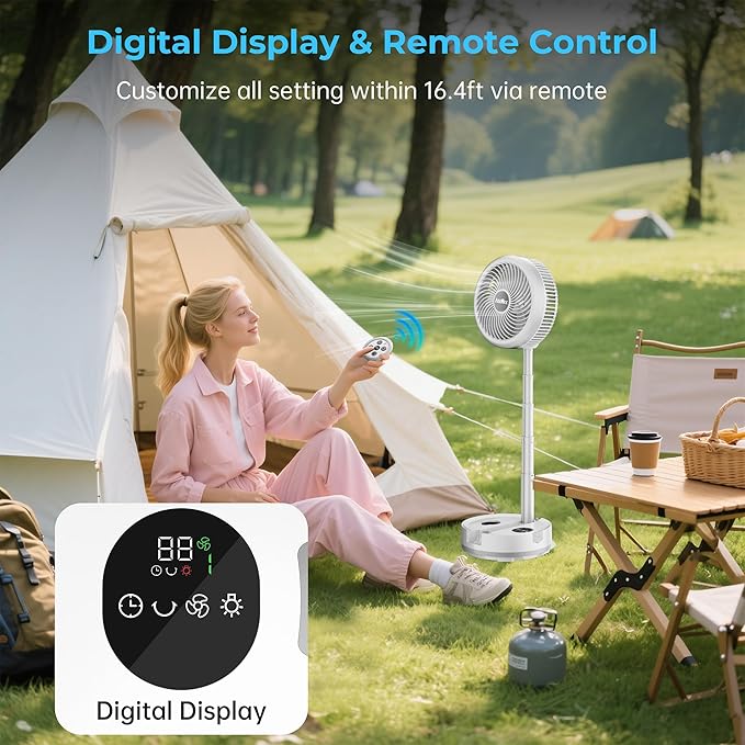 40000mAh Battery Operated Fan, Rechargeable Collapsible Fan, 106H Run, 8 Speeds Oscillating with Remote, Battery Powered with Timer & Light for Travel Cruise Essentials RV Outdoor Power Outage