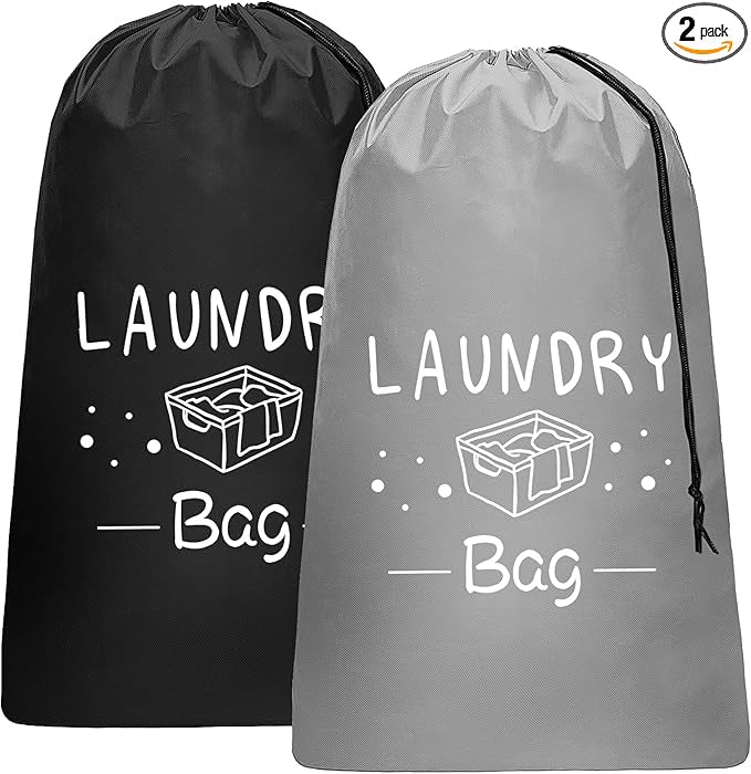 Sylfairy 2 Pack Extra Large Travel Laundry Bag, Rip-Stop Dirty Clothes Shoulder Bag with Drawstring, Heavy Duty Travel Laundry Bag, Large Laundry Hamper Liner (Black+Light Grey, 24" x 36")