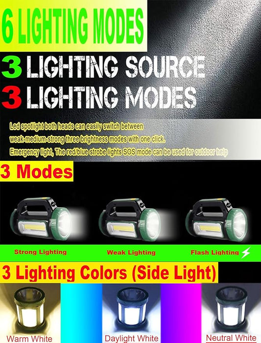 LED Spotlight Lantern Searchlight, Solar Rechargeable Super Bright 10000LM Handheld LED Spot Light Flashlight, Multifunction Camping Lantern Work Light, 6 Lights Modes, Waterproof