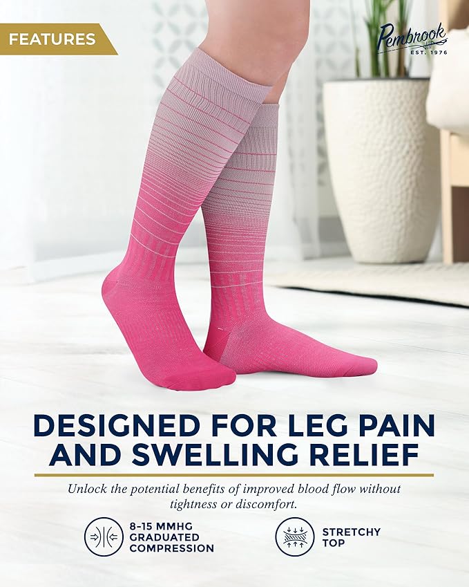 Pembrook Bamboo Viscose Light Compression Socks - 3 Pairs | 8-15 mmhg Compression Socks | Knee High Comfort Support Socks
