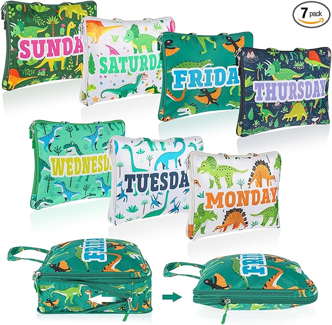 Paterr 7 Pcs Days of Week Packing Cubes Compression Packing Cubes for Kids Summer Camp Travel Daily Outfit Suitcase Organizers Zippered Storage Bag for Cruise Vacation Essentials (Dinosaur)