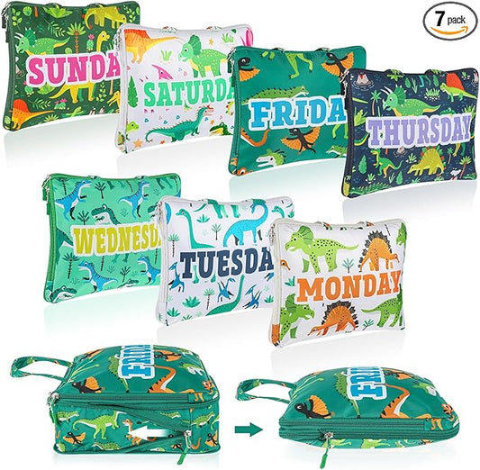 Paterr 7 Pcs Days of Week Packing Cubes Compression Packing Cubes for Kids Summer Camp Travel Daily Outfit Suitcase Organizers Zippered Storage Bag for Cruise Vacation Essentials (Dinosaur)